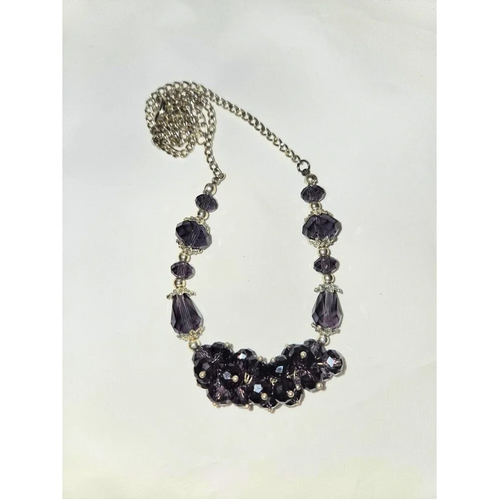 Purple Faceted Beaded Statement Necklace Silver Tone Chain Adjustable Length